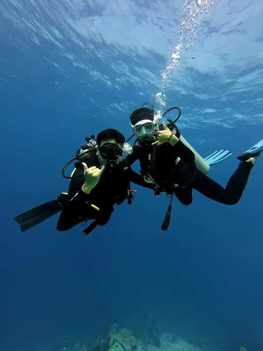 Two divers giving the shaka sign underwater